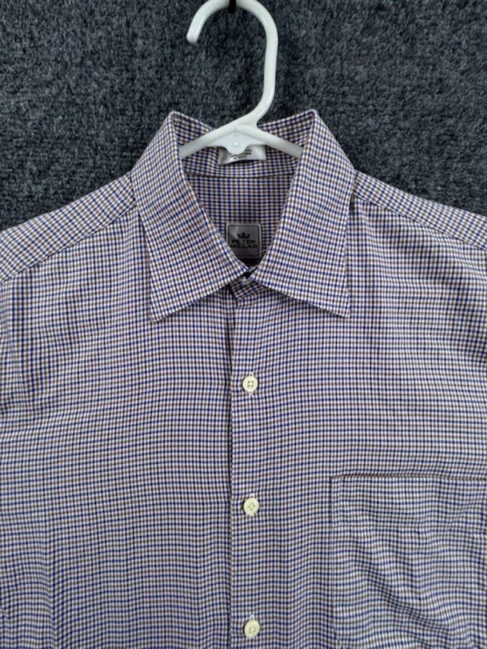Peter Millar Houndstooth Button-Down Cotton Blue Brown Small Mens Shirt Pocket